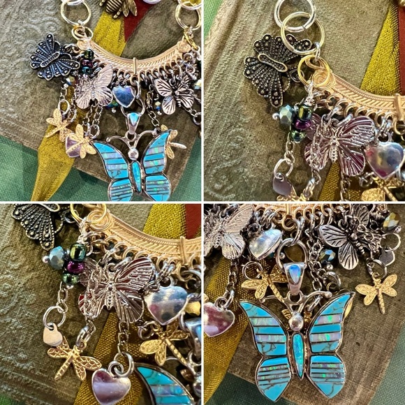 Vintage Turquoise, mother of pearl and abalone Butterfly charm necklace - Picture 13 of 17